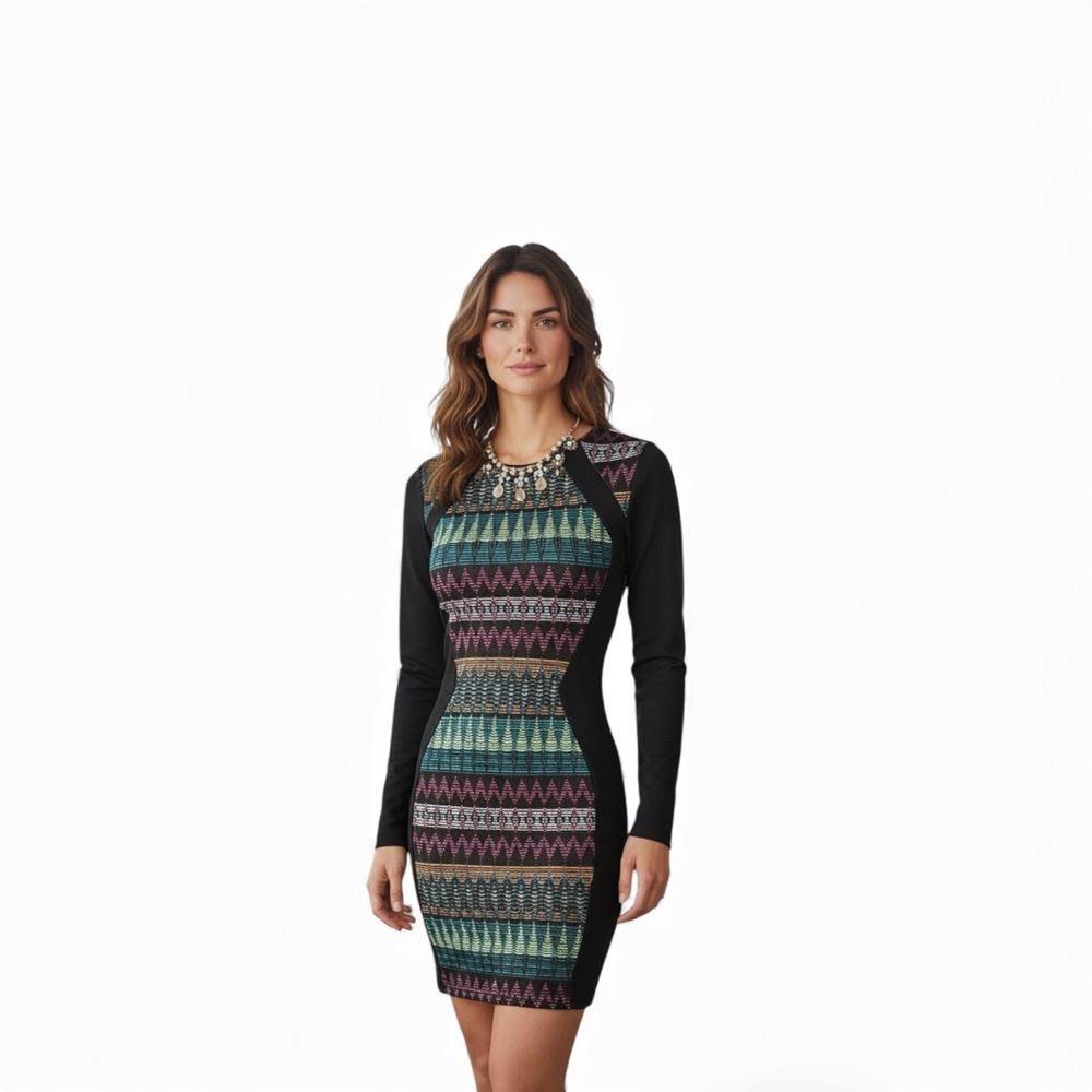Chic Black and Multicolor Long Sleeve Dress Size 4